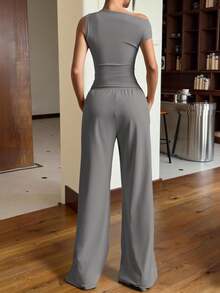 Muchica 2pcs Women Solid Color Asymmetric Hem Knit Top And Pants Set,Business Casual Woman,Summer Sets - Grey - View 2
