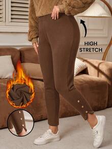 EMERY ROSE 大码女式高腰纯色保暖内衬纽扣装饰开衩裤脚修身休闲/工作裤，秋冬女式休闲裤，大码打底裤，棕色女式慢跑裤 - 棕色 - 查看 1