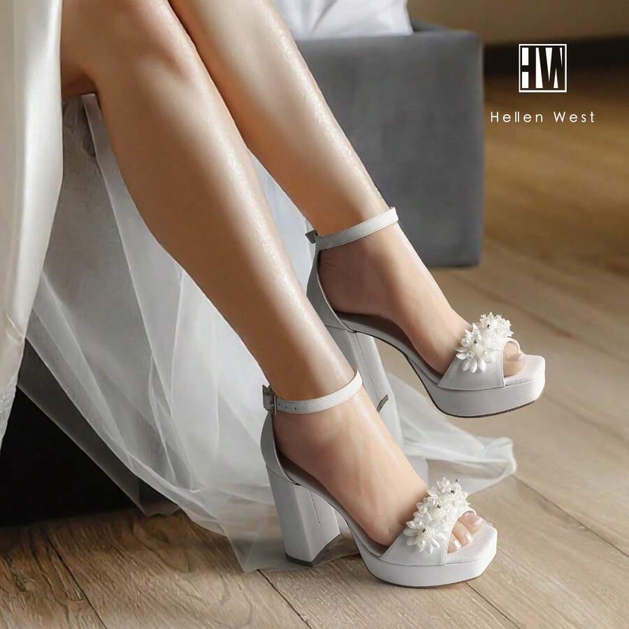Zapatos de Novia Blancos Tacón Alto Elegantes Modernos Cómodos con Flores - Blanco - Ver 1