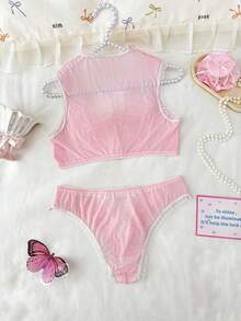 PetitDoll 2pcs Lace Contrast Mesh Wireless Bra Set - Pink - View 2
