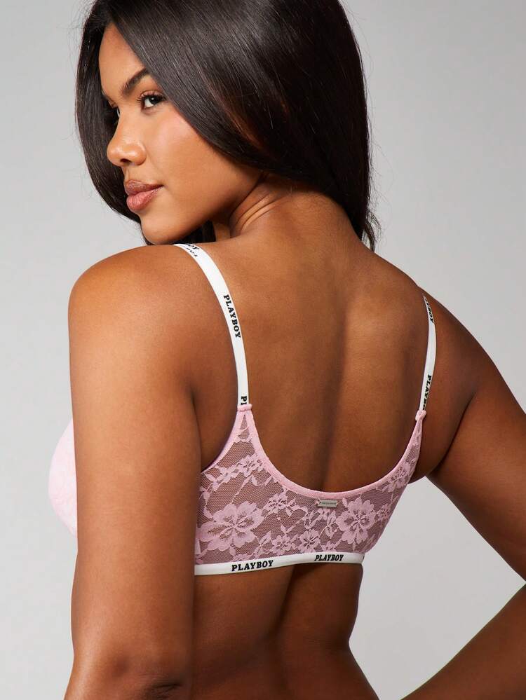 Missguided x Playboy Brassière avec superposition de dentelle de marque avec bretelles logo, coupe souple sans armature, sous-vêtements confortables