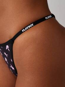 Missguided x Playboy Bunny Print Thong Underwear With Contrast Waistband And Logo Details For Intimates Collection - Black - View 5