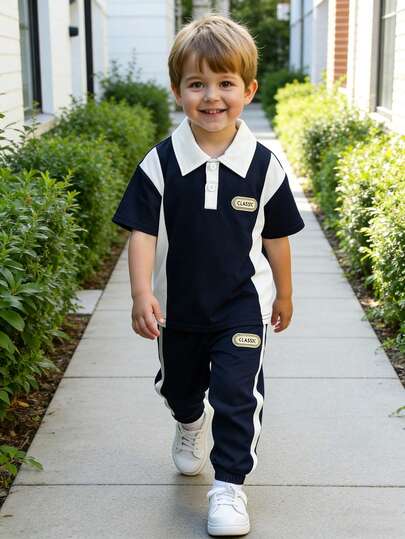 2pcs Young Boy Polo Shirt Set, Navy Blue Polo Shirt With Matching Drawstring Pants, White Side Stripes For Extra Vibrancy, Suitable For Outdoor Activities, Daily Wear, Hiking, Back To School