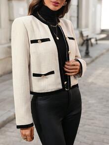 Ellevyn Women's Elegant Contrast Color Black And White Crew Neck Long Sleeve Fashionable Short Jacket Winter  Christmas New Year Thanksgiving Graduation Elegant Formal - Apricot - View 6