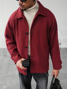 Manfinity Homme 男士纯色插肩袖单排扣休闲羊毛混纺夹克，秋冬男士外套，男士夹克，羊毛夹克，男士衬衫式外套，男士外衣 - 紅色 - 查看 4
