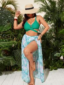 Swim Vcay 2022 New Elegant Mature Tropical Plant Print Swimwear Set, Cross Gathered Slit Slimming Long Skirt Swimwear, Plus Size Beach Swimwear Set Beach Skirt Set Women's 2 Pieces Summer Outfit Tropical Two Pieces Set Vacation Two Pieces Set Women Beach 2 Pieces Set - Green - View 6