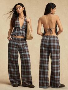 Easelle Bộ 2 món áo hai dây cổ chữ V sâu gợi cảm và quần ống rộng kẻ caro dành cho nữ - màu nâu - Xem 10