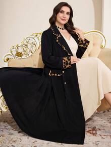 Al Najma 大码女式纯色豹纹拼接长袖罩袍 - 黑色 - 查看 3