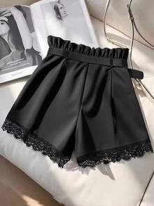 Franclia 高腰修身百搭休闲蕾丝设计黑色短裤 - 黑色 - 查看 2