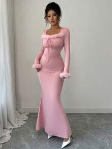 SHEIN PETITE Đầm đuôi cá ôm sát cổ lông tay dài màu trơn thanh lịch dành cho nữ mùa xuân, đa năng khi đi làm - Hồng - Xem 3