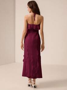 Revavyn White Chiffon Halter Neck Frill Trim Fitted Dress - Burgundy - View 2