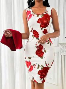 SHEIN Lady 春夏优雅蓝色日常通勤连衣裙，适合女士参加派对、新年、舞会、生日等场合，商务休闲，情人节时尚派对商务女性优雅通勤纯色泡泡袖上衣搭配印花修身无袖连衣裙套装两件套 - 彩色 - 查看 5