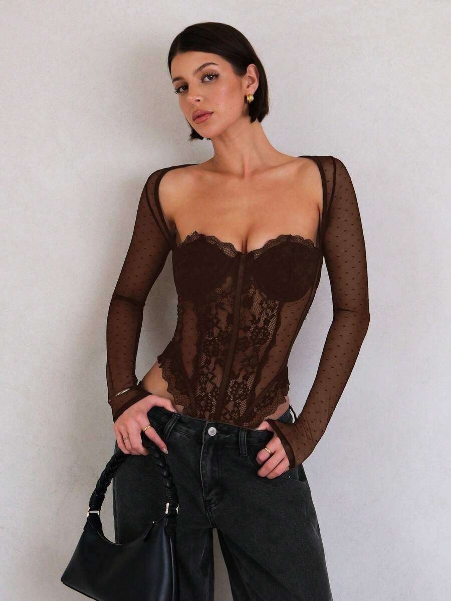 SHEIN BAE 女士蕾丝拼接紧身胸衣性感连体衣,适合演出服、夜店装、西部牛仔装、演唱会等场合。 - 咖啡棕 - 查看 1