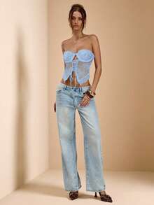 SHEIN BAE Áo ống hở lưng phối ren chắp vá viền bất đối xứng thời trang đa năng cho dự tiệc/nghỉ dưỡng của nữ - Màu xanh nhạt - Xem 6