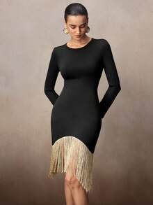 Modelyn Váy dự tiệc sang trọng, viền tua rua - màu đen - Xem 3