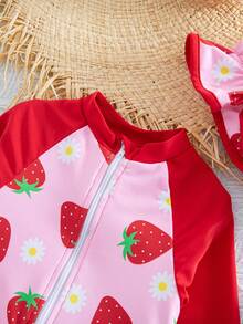 SHEIN Baby Girl Colorblock Strawberry Print One-Piece Swimsuit, Beach/Resort - Pink - View 2