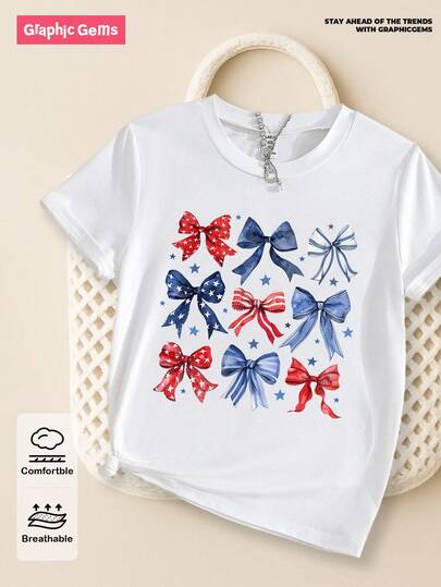 GraphicGems Camiseta blanca de manga corta con cuello redondo, decorada con lazo, diseño de rayas rojas y blancas y estampado de estrella, apta para el Día de la Independencia de Estados Unidos