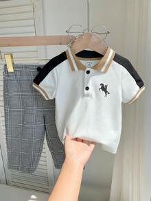 2pcs Baby Boy Short Sleeve Polo Shirt & Elastic Waist Plaid Pants Set,Black And White Plaid,Summer,Casual,Family Matching Preppy School Golf Clothes - Khaki - View 8