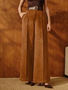 Anewsta Vintage Suede Straight-Leg Pants, Fashionable, Versatile, Elegant, Chic, Stylish, Business Casual For Women, Suitable For Fall, Winter, New Year, Party, Wedding - Rust Brown - View 6