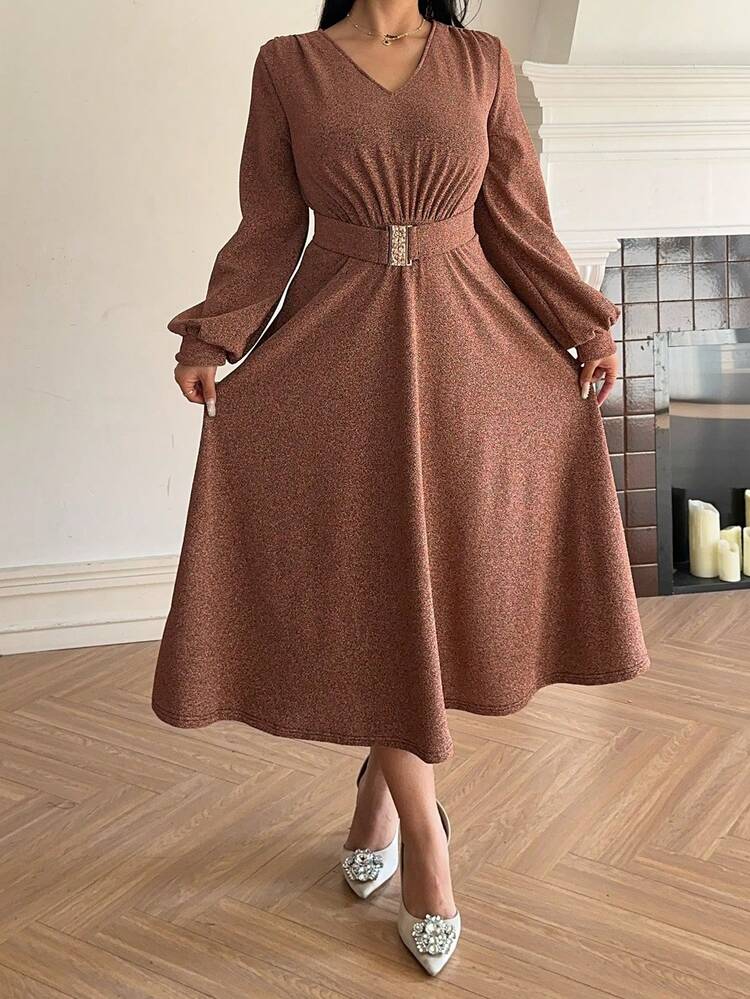 Dazy Plus Plus Size Valentine Elegant Stretchy Fitted V-Neck Gugu Style Long Sleeve Dress, Suitable For Banquet, Date, Party, Spring/Autumn Maxi Dress