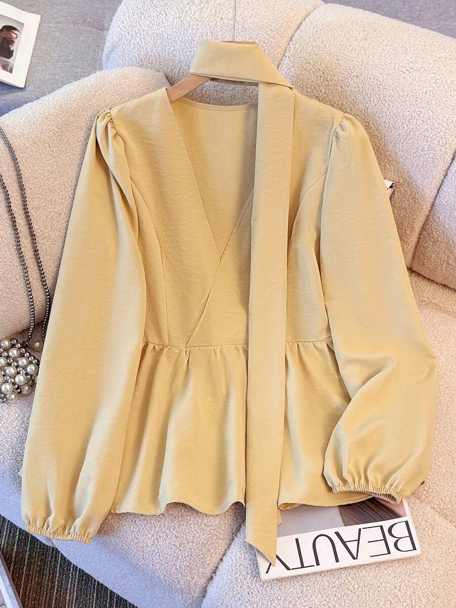 Franclia Women's V-Neck Tie Waist Fitted Comfortable Versatile Long Sleeve Blouse - Light Yellow - View 1
