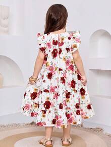 SHEIN 少女碎花圆领荷叶边下摆休闲连衣裙 - 粉色 - 查看 6