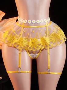 QuietHaus 5pcs Women Sexy Lingerie Set With Water Soluble Embroidery For Going Out - Yellow - View 4
