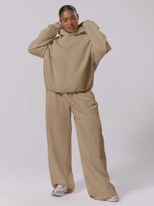 MUSERA Plus Size Fleece Hooded Sweatshirt , Winter, Back To School, Cute, Everyday, Casual, Coffee Club Curve Spring - Khaki - View 5