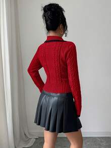 SHEIN Elenzya 女士复古扭结麻花水手领蝴蝶结短款毛衣，秋冬款 - 紅色 - 查看 2