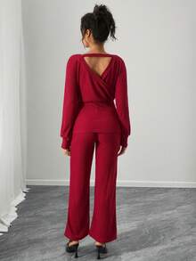 SHEIN 2pcs Maternity Casual Ribbed V-Neck Top & Pants Set - Red - View 2