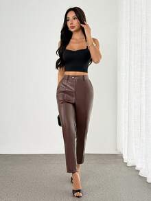 SHEIN PETITE Women's Solid Color Pocket PU Leather Seam Front Pants Brown Leather Pants Brown Pants For Women Leather Pants For Women Business Casual Woman Pants Going Out Outfit Autumn Clothes Fall Clothes Brown Pants Women's Autumn Winter Pants - Brown - View 9
