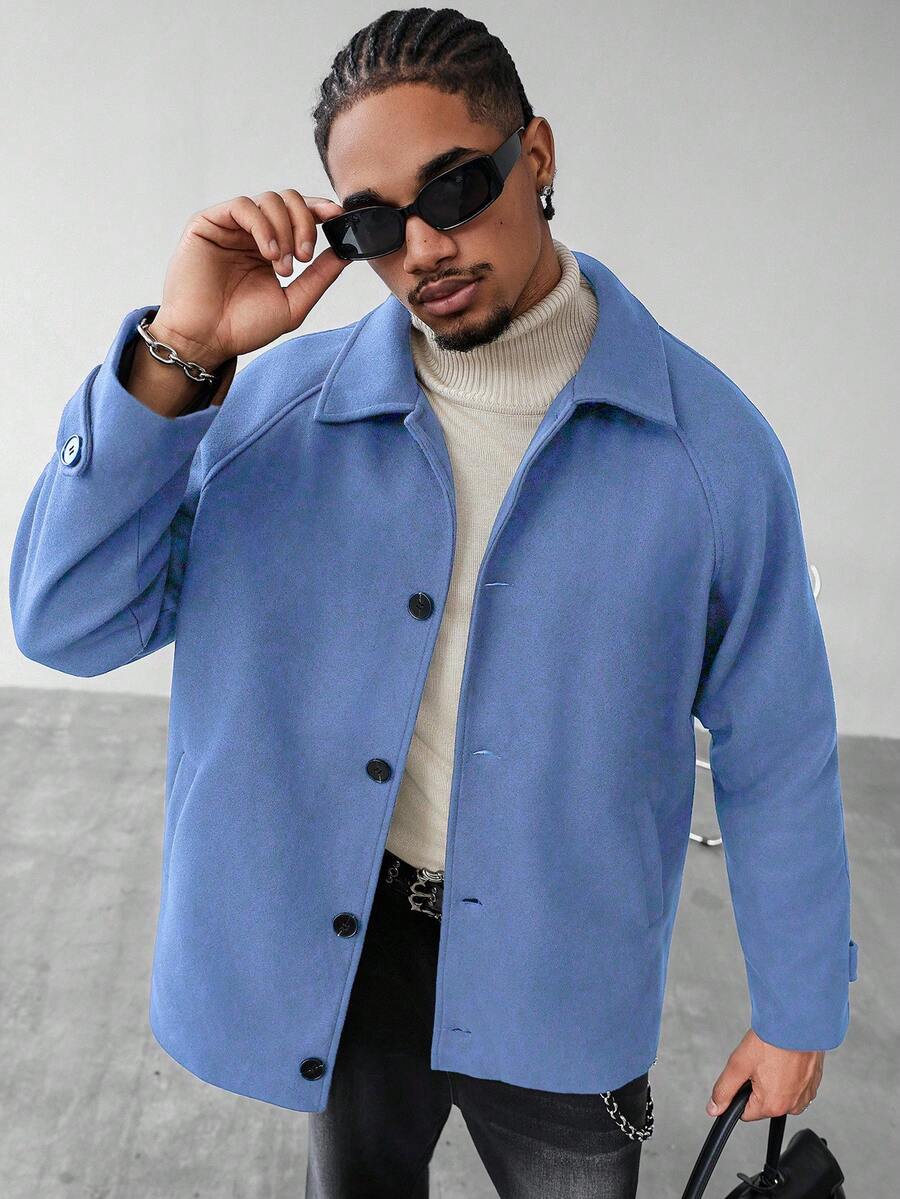 Manfinity Homme Men's Casual Solid Color Wool Blend Overcoat, Autumn/Winter - Baby Blue - View 1