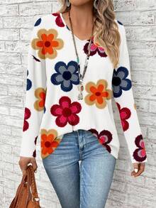 EMERY ROSE Floral Print Plus Size V-Neck Long Sleeve T-Shirt For Women, Suitable For Music Festivals And Back To School, ,Flower/Spring/Summer/Vacation - Multicolor - View 3