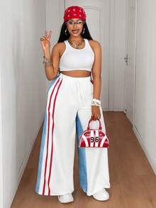 Maweii Pantaloni largi pentru femei, mărime plus, casual, pentru festivaluri de muzică, de zi cu zi, versatil, cu imprimeu în culori contrastante, material textil de înaltă calitate, culoare solidă, casual, pentru navetiști - Multicolor - Vizualizare 7