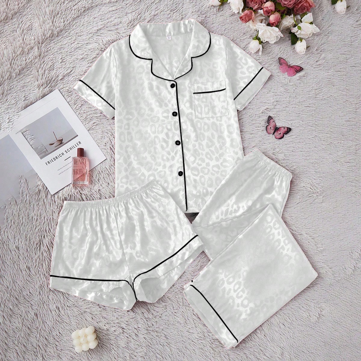 Conjunto de pijama de 3 piezas de mujer con pantalón largo y pantalón corto, de manga corta, con estampado de leopardo jacquard y seda sintética el
