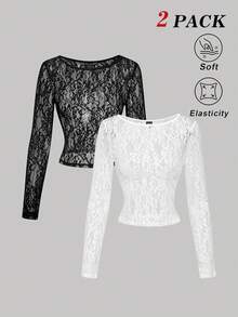SHEIN MOD 两件套薄纱蕾丝长袖T恤，黑白两色
