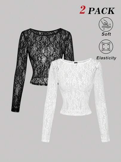 SHEIN MOD 两件套薄纱蕾丝长袖T恤，黑白两色