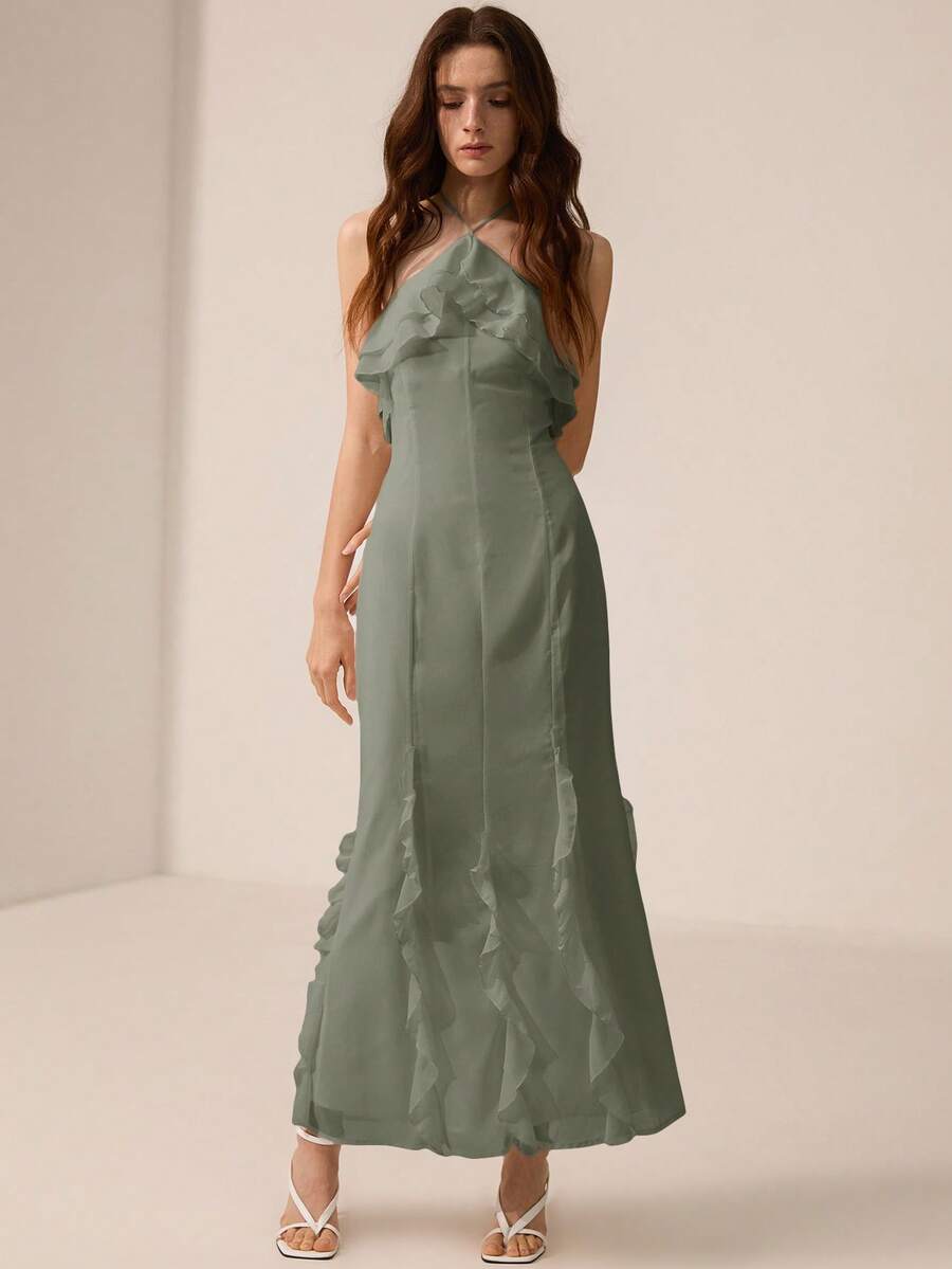 Revavyn 白色雪纺露背荷叶边修身连衣裙 - 綠色 - 查看 1