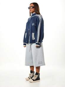 SUMWON WOMEN Oversized Knitted Zip Through Cardigan With Stripe Detail And Front Pockets For Casual Layering And Autumn Winter Styling - Navy Blue - View 3