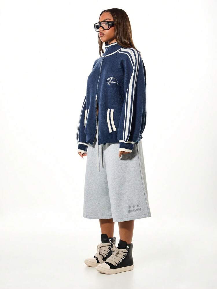 SUMWON WOMEN Cárdigan de punto oversize con cremallera, con detalles de rayas y bolsillos delanteros para capas casuales y estilos de otoño e invierno - Azul Marino - Ver 3