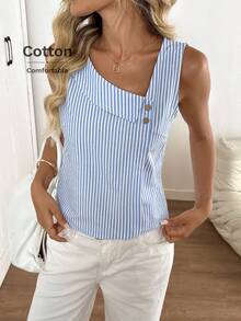 Easowa 女士不对称领扣装饰蓝白条纹休闲度假无袖衬衫夏季