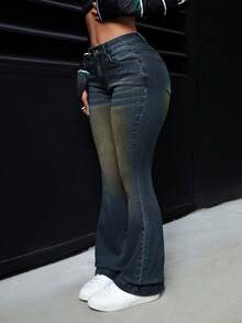 SHEIN ICON 女士口袋纽扣休闲百搭日常通勤喇叭牛仔裤 - 藍色 - 查看 1