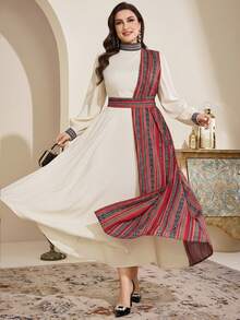 Al Najma Plus Size Women Geometric Print Patchwork Arabic Style Dress - Multicolor - View 4