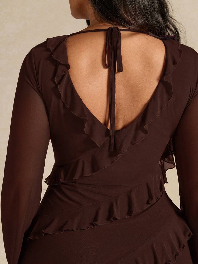 SHEIN BAE Plus Size Women Solid Color Elegant Split Ruffle Hem Long Sleeve Dress - Coffee Brown - View 5