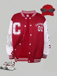 SHEIN Sparklyn Streecool Tween Girl 女童休闲舒适时尚设计日常百搭图案字母数字飞行员夹克，秋冬 - 紅色 - 查看 5