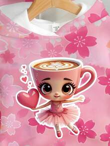 女童休闲时尚创意卡通杯和芭蕾女孩爱心图案印花连帽卫衣，百搭秋冬 - 彩色 - 查看 6