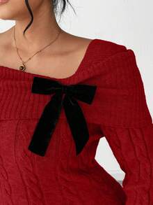 SHEIN Elenzya 大码女式纯色露肩扭结针织毛衣连衣裙 - 紅色 - 查看 6