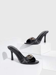 CUCCOO SZL Women's Fashionable & Elegant Commuter Plaid Buckle Heeled Sandals For Christmas - Black - View 2
