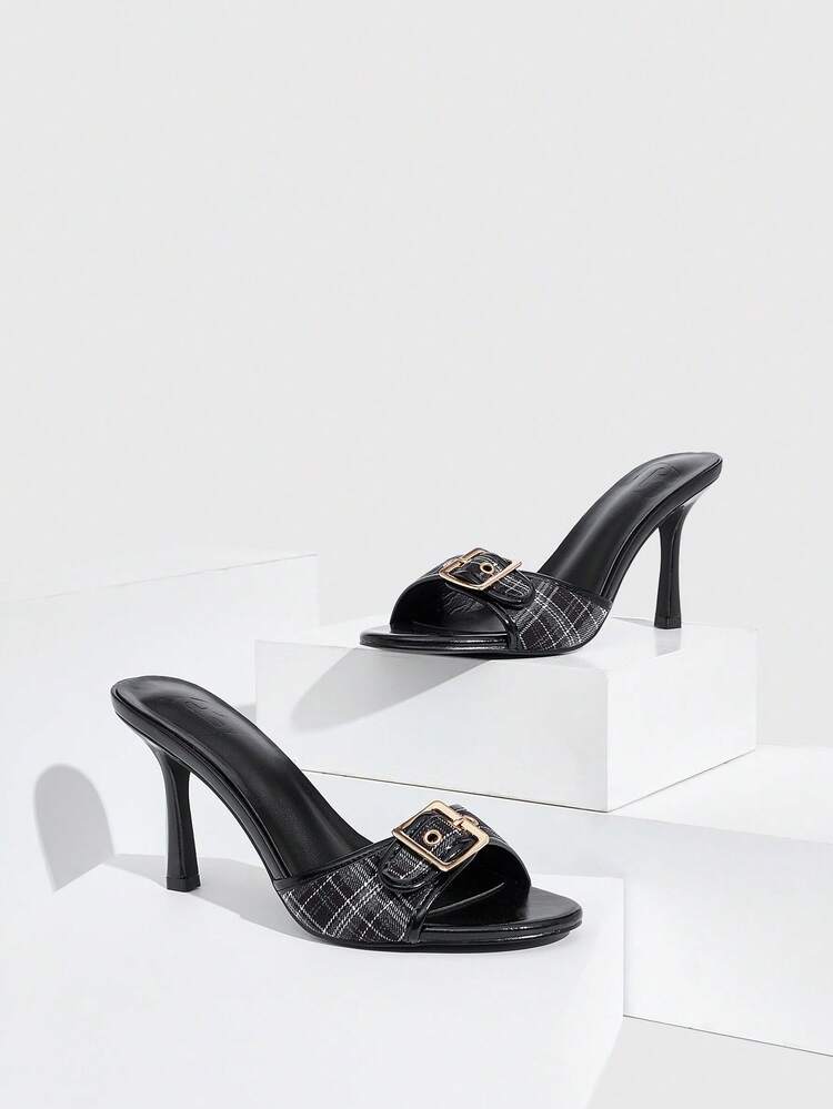 CUCCOO SZL Women's Fashionable & Elegant Commuter Plaid Buckle Heeled Sandals For Christmas Prom Heels