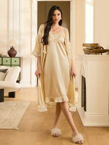 Moireta Women's Elegant Romantic Vintage Lace Ruffle Patchwork Satin Criss-Cross Tie Mesh Bow Sleepwear Set, Suitable For Valentine's Day And Wedding Season - Champagne - View 6